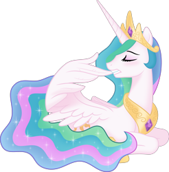 Size: 4500x4578 | Tagged: safe, artist:johnjoseco, artist:negatif22, imported from derpibooru, princess celestia, alicorn, pony, absurd resolution, biting, crown, cute, cutelestia, eyes closed, female, grooming, jewelry, lying down, mare, movie accurate, ponyloaf, preening, prone, regalia, simple background, solo, transparent background, vector, wing bite