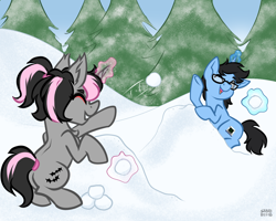 Size: 1280x1024 | Tagged: safe, artist:sabrib, imported from derpibooru, oc, oc only, oc:evans, oc:tinker doo, happy, smiling, snow, snowball, snowball fight