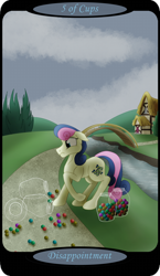 Size: 1500x2591 | Tagged: safe, artist:sixes&sevens, imported from derpibooru, part of a set, bon bon, sweetie drops, earth pony, pony, accident, bridge, candy, female, five of cups, food, gumball, house, minor arcana, outdoors, ponyville, river, solo, spill, stream, tarot card, tree, water