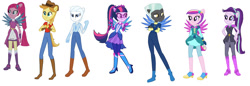 Size: 1280x441 | Tagged: safe, artist:diana173076, artist:elementalalchemist03, imported from derpibooru, braeburn, double diamond, pinkie pie, princess cadance, sci-twi, starlight glimmer, thunderlane, twilight sparkle, equestria girls, alternate universe, base used, blue wings, boots, clothes swap, crystal guardian, crystal wings, equestria girls-ified, high heel boots, pink wings, pinkamena diane pie, shoes, super ponied up, wings