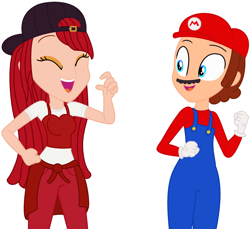 Size: 2225x2037 | Tagged: safe, artist:user15432, artist:yaya54320bases, imported from derpibooru, human, equestria girls, backwards ballcap, barely eqg related, base used, baseball cap, cap, clothes, crossover, duo, equestria girls style, equestria girls-ified, eyes closed, gloves, hand on hip, hat, long sleeve shirt, long sleeved shirt, long sleeves, mario, mario hat, mario's hat, nintendo, open mouth, overalls, pants, rainbow high, red hair, ruby anderson, shirt, short sleeves, super mario bros., sweater, undershirt