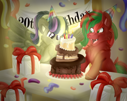 Size: 2500x2000 | Tagged: safe, artist:euspuche, imported from derpibooru, oc, oc:ambrosia, oc:ambrosia firehoof, oc:frozen night, bat pony, bat pony unicorn, hybrid, pegasus, unicorn, birthday, cake, food, hat, horn, looking at each other, party, party hat, present, spread wings, wings