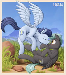 Size: 1995x2269 | Tagged: safe, artist:uliovka, imported from derpibooru, soarin', thunderlane, pegasus, pony, backwards cutie mark, blushing, cute, day, duo, eyes closed, flying, folded wings, gay, grass, kiss, kissing, male, mountain, nose kiss, outdoors, scenery, shipping, sky, smiling, soarilane, spread wings, stallion, wings