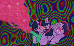 Size: 2610x1614 | Tagged: safe, artist:butterrodent, imported from derpibooru, twilight sparkle, alicorn, pony, bong, drugs, highlight sparkle, lidded eyes, magic, psychedelic, red eyes, smiling, twilight sparkle (alicorn)