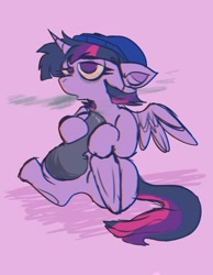Size: 1000x1288 | Tagged: safe, artist:inkeroo, imported from derpibooru, twilight sparkle, alicorn, pony, beanie, bong, drugs, hat, highlight sparkle, lidded eyes, red eyes, solo, spread wings, twilight sparkle (alicorn), wings