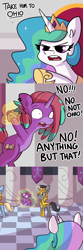 Size: 3000x9000 | Tagged: safe, artist:tjpones, imported from derpibooru, princess celestia, oc, oc:piropie, alicorn, pony, unicorn, angry, bondage, comic, commission, cruel and unusual punishment, dialogue, female, high res, magical bondage, male, mare, ohio, pure unfiltered evil, royal guard, squatpony, stallion, suspended, the kentucky fried movie, tooth gap, tyrant celestia, unamused, you're going to ohio