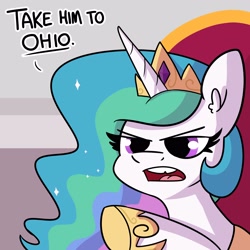 Size: 3000x3000 | Tagged: safe, artist:tjpones, imported from derpibooru, princess celestia, alicorn, pony, angry, cruel and unusual punishment, dialogue, female, mare, ohio, pure unfiltered evil, solo, the kentucky fried movie, tooth gap, you're going to ohio