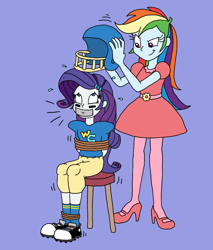 Size: 1388x1631 | Tagged: safe, artist:bugssonicx, imported from derpibooru, rainbow dash, rarity, equestria girls, arm behind back, bondage, bound and gagged, clothes, dress, emanata, football helmet, football jersey, gag, helmet, high heels, irony, makeover, makeup, rainbow dash always dresses in style, rarity always dresses so macho, revenge, role reversal, shoes, sitting, sneakers, stool, subverted meme, sweat, sweatdrops, tape, tape gag, tied up, tomboy, tomboy initiation, tomboy rarity