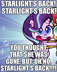 Size: 500x636 | Tagged: safe, artist:orin331, edit, imported from derpibooru, starlight glimmer, sunset shimmer, pony, unicorn, my little pony: pony life, bipedal, caption, cropped, cute, duo, fake screencap, g4.5, glimmerbetes, harsher in hindsight, hug, image macro, pony life, pony life accurate, shimmerbetes, show accurate, smiling, song reference, spongebob squarepants, squidward tentacles, squidward's back, standing, text