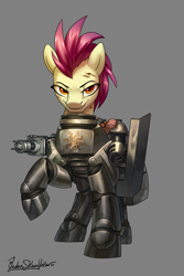Size: 2000x3000 | Tagged: safe, artist:jedayskayvoker, imported from derpibooru, oc, oc only, unnamed oc, earth pony, pony, fallout equestria, armor, commission, female, looking at you, mare, power armor, raised hoof, signature, simple background, solo