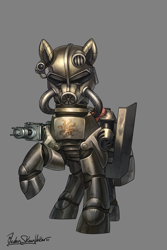 Size: 2000x3000 | Tagged: safe, alternate version, artist:jedayskayvoker, imported from derpibooru, oc, oc only, pony, fallout equestria, armor, female, gray background, helmet, looking at you, mare, oc name needed, oc needed, power armor, raised hoof, simple background, solo, version