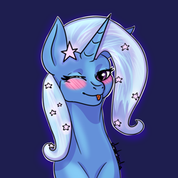 Size: 900x900 | Tagged: safe, artist:draksodia, imported from derpibooru, trixie, blushing, female, horn, mare, one eye closed, stars, tongue out, wink