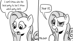 Size: 1200x675 | Tagged: safe, artist:pony-berserker, imported from derpibooru, fluttershy, pegasus, pony, fluttertroll, grin, halftone, implied oc, monochrome, pony-berserker's twitter sketches, smiling, solo, stippling, troll