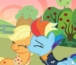 Size: 539x465 | Tagged: safe, imported from derpibooru, applejack, rainbow dash, earth pony, pegasus, pony, appledash, cheek kiss, eyes closed, female, kissing, lesbian, older, older applejack, older rainbow dash, shipping, smiling