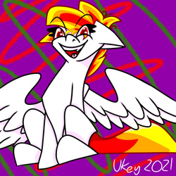 Size: 1280x1280 | Tagged: safe, artist:ukedideka, imported from derpibooru, oc, oc only, oc:lumen afterglow, pegasus, pony, looking at you, pegasus oc, red eyes, red hair, sharp teeth, sitting, smiling, smiling at you, solo, spread wings, tail, teeth, wings