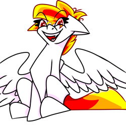 Size: 1280x1280 | Tagged: safe, artist:ukedideka, imported from derpibooru, oc, oc only, oc:lumen afterglow, pegasus, pony, background removed, looking at you, pegasus oc, red eyes, red hair, sharp teeth, sitting, smiling, smiling at you, solo, spread wings, tail, teeth, wings