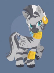 Size: 2048x2732 | Tagged: dead source, safe, artist:sodababie, artist:vanillavache, imported from derpibooru, zecora, pony, zebra, blue background, bracelet, ear piercing, earring, female, flower, gray background, high res, jewelry, mouth hold, neck rings, piercing, quadrupedal, simple background, solo, zoomorphic