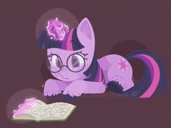 Size: 2242x1681 | Tagged: dead source, safe, artist:lunarlilawa, artist:sodababie, artist:vanillavache, imported from derpibooru, twilight sparkle, pony, unicorn, adorkable, bibliophile, book, bookhorse, bookworm, brown background, cute, dork, female, glasses, lying down, magic, mare, prone, reading, round glasses, simple background, solo, telekinesis, twiabetes, unicorn twilight, unshorn fetlocks, watermark