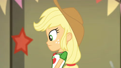 Size: 3410x1920 | Tagged: safe, imported from derpibooru, screencap, applejack, equestria girls, equestria girls series, holidays unwrapped, spoiler:eqg series (season 2), applejack's hat, clothes, cowboy hat, cutie mark, cutie mark on clothes, female, geode of super strength, hat, jewelry, magical geodes, necklace, side view, solo, the cider louse fools