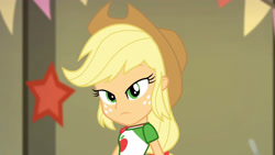 Size: 3410x1920 | Tagged: safe, imported from derpibooru, screencap, applejack, equestria girls, equestria girls series, holidays unwrapped, spoiler:eqg series (season 2), applejack's hat, clothes, cowboy hat, cutie mark, cutie mark on clothes, female, geode of super strength, hat, jewelry, looking at you, magical geodes, necklace, side view, solo, the cider louse fools