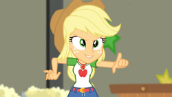 Size: 3410x1920 | Tagged: safe, imported from derpibooru, screencap, applejack, equestria girls, equestria girls series, holidays unwrapped, spoiler:eqg series (season 2), applejack's hat, belt, clothes, cowboy hat, cutie mark, cutie mark on clothes, denim skirt, female, geode of super strength, hat, jewelry, lip bite, magical geodes, necklace, pointing, skirt, solo, the cider louse fools