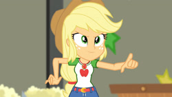 Size: 3410x1920 | Tagged: safe, imported from derpibooru, screencap, applejack, equestria girls, equestria girls series, holidays unwrapped, spoiler:eqg series (season 2), applejack's hat, belt, clothes, cowboy hat, cutie mark, cutie mark on clothes, denim skirt, female, geode of super strength, hat, jewelry, magical geodes, necklace, pointing, skirt, solo, the cider louse fools