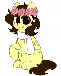 Size: 1631x2048 | Tagged: safe, artist:kittyrosie, imported from derpibooru, oc, oc only, oc:white hershey, pegasus, pony, clothes, cute, floral head wreath, flower, ocbetes, scarf, smiling, solo