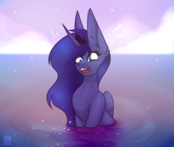 Size: 2560x2160 | Tagged: safe, artist:elektra-gertly, imported from derpibooru, princess luna, alicorn, pony, crown, escape, exclamation point, female, jewelry, mare, open mouth, question mark, regalia, shocked, shocked expression, solo, starry mane, water