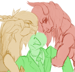 Size: 1605x1536 | Tagged: safe, artist:nonamenymous, imported from derpibooru, discord, lord tirek, oc, oc:anon, centaur, draconequus, angry, annoyed, eris, hug, lady tirek, looking at each other, love triangle, rule 63, yandere, yanderecord