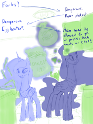 Size: 1536x2048 | Tagged: safe, artist:nonamenymous, imported from derpibooru, nightmare moon, princess luna, oc, oc:anon, alicorn, human, pony, conversation, overprotective, yandere, yanderemoon, yanderuna