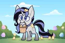 Size: 3000x2000 | Tagged: safe, artist:jetjetj, imported from derpibooru, part of a set, oc, oc only, oc:silver moon, pony, unicorn, basket, chibi, chick, commission, easter egg, female, mare, mouth hold, solo, ych result