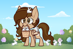 Size: 3000x2000 | Tagged: safe, artist:jetjetj, imported from derpibooru, part of a set, oc, oc only, oc:april, bat pony, pony, rabbit, animal, basket, chibi, commission, easter egg, female, mare, mouth hold, solo, ych result