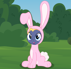 Size: 2383x2293 | Tagged: safe, artist:badumsquish, derpibooru exclusive, imported from derpibooru, star tracker, earth pony, pony, once upon a zeppelin, animal costume, bunny costume, clothes, cosplay, costume, crossdressing, crossplay, easter, freckles, happy, holiday, looking at you, male, open mouth, show accurate, sitting, smiling, solo, stallion, starcrossed