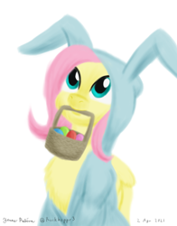 Size: 1100x1400 | Tagged: safe, artist:rockhoppr3, imported from derpibooru, fluttershy, pegasus, pony, animal costume, basket, bunny costume, bunnyshy, chest fluff, clothes, costume, cute, easter basket, easter egg, female, mare, mouth hold, shyabetes, solo
