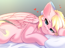 Size: 2732x2048 | Tagged: safe, artist:alphadesu, imported from derpibooru, oc, oc only, oc:bay breeze, pegasus, pony, bed, bedroom eyes, bow, commission, cute, female, hair bow, heart, looking at you, lying down, mare, ocbetes, pillow, smiling, solo, solo female, ych result