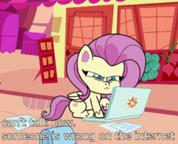 Size: 418x337 | Tagged: safe, edit, edited screencap, imported from derpibooru, screencap, fluttershy, pegasus, pony, my little pony: pony life, spoiler:pony life s02e02, animated, bag, computer, cropped, female, g4.5, gif, laptop computer, mare, narrowed eyes, paper, pony life, reaction image, sitting, solo, somebody is wrong on the internet, the crystal capturing contraption, typing, wings