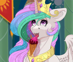 Size: 6432x5456 | Tagged: safe, artist:creed larsen, imported from derpibooru, princess celestia, alicorn, pony, castle, crown, cute, ethereal mane, female, food, horn, ice cream cone, indoors, jewelry, licking, looking up, magic, mare, open mouth, peytral, regalia, shiny mane, starry eyes, starry mane, tiara, tongue out, wingding eyes, wings