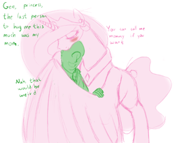 Size: 1586x1301 | Tagged: safe, artist:nonamenymous, imported from derpibooru, princess celestia, oc, oc:anon, alicorn, human, pony, blushing, cute, cutelestia, dialogue, hug, momlestia fuel, winghug, wings, yandelestia, yandere