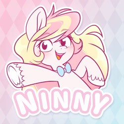 Size: 1917x1918 | Tagged: safe, artist:ninnydraws, imported from derpibooru, oc, oc only, oc:ninny, pony, badge, blushing, bowtie, bust, looking at you, simple background, solo