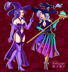 Size: 3295x3500 | Tagged: safe, artist:rekzzan, imported from derpibooru, rarity, oc, oc:krystel, human, clothes, dress, duo, duo female, female, hat, high res, humanized, sleeveless, witch, witch hat