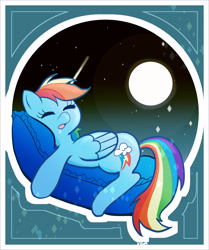 Size: 3808x4550 | Tagged: safe, artist:vigasartroom, imported from derpibooru, part of a set, rainbow dash, pegasus, pony, cute, dashabetes, drool, eyes closed, female, full moon, high res, lying down, mare, moon, night, open mouth, pillow, prone, sleeping, solo