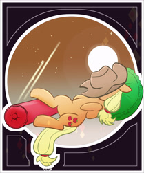 Size: 3808x4550 | Tagged: safe, artist:vigasartroom, imported from derpibooru, part of a set, applejack, pony, covering face, cushion, cute, floppy ears, full moon, high res, jackabetes, lying down, moon, night, on back, pillow, sleeping, solo