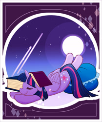 Size: 3808x4550 | Tagged: safe, artist:vigasartroom, imported from derpibooru, part of a set, twilight sparkle, alicorn, pony, book, book on head, bookhorse, cute, eyes closed, female, floppy ears, full moon, high res, lying down, mare, moon, night, pillow, prone, sleeping, solo, twiabetes, twilight sparkle (alicorn)