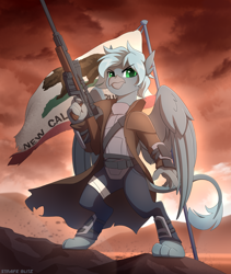 Size: 2070x2456 | Tagged: safe, artist:strafe blitz, imported from derpibooru, griffon, fallout equestria, armor, desert, flag, gun, male, ncr, rifle, weapon