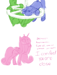 Size: 1536x2048 | Tagged: safe, artist:nonamenymous, imported from derpibooru, princess cadance, shining armor, oc, oc:anon, alicorn, human, pony, unicorn, chandelier, creepy, insanity, princess yandance, scary, yandere