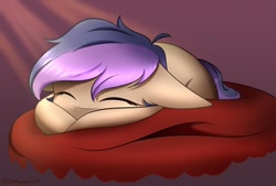 Size: 1080x731 | Tagged: safe, artist:radiogaga.art, imported from derpibooru, oc, oc only, earth pony, pony, earth pony oc, eyelashes, eyes closed, floppy ears, lying down, male, prone, signature, sleeping, solo, stallion