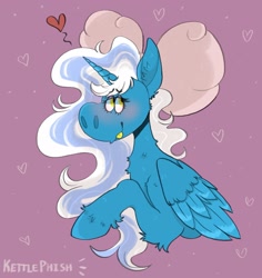 Size: 1979x2099 | Tagged: safe, artist:kettlephish, imported from derpibooru, oc, oc:fleurbelle, alicorn, adorabelle, alicorn oc, blushing, bow, chest fluff, cute, ear fluff, female, hair bow, heart, hoof fluff, horn, mare, ocbetes, tongue out, wings