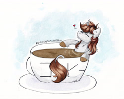 Size: 5554x4443 | Tagged: safe, artist:lightisanasshole, imported from derpibooru, oc, oc only, oc:dorm pony, pony, unicorn, abstract background, advertisement, bathing, brown mane, cheek fluff, coffee, coffee mug, colored hooves, cup, curved horn, eyes closed, female, heart, hoof fluff, horn, japanese, ko-fi, messy mane, mist, mug, neck fluff, plate, smiling, solo, solo female, text, tiny, tiny ponies, traditional art, watercolor painting