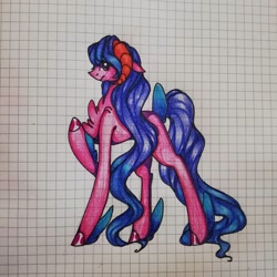 Size: 1080x1080 | Tagged: safe, artist:tessa_key_, imported from derpibooru, oc, oc only, pony, chest fluff, colored hooves, graph paper, horns, raised hoof, solo, traditional art