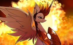 Size: 1080x667 | Tagged: safe, artist:tessa_key_, imported from derpibooru, daybreaker, alicorn, pony, bedroom eyes, bust, ear piercing, evil grin, eyelashes, female, grin, horn, jewelry, mane of fire, mare, peytral, piercing, raised hoof, smiling, solo, tiara, wings